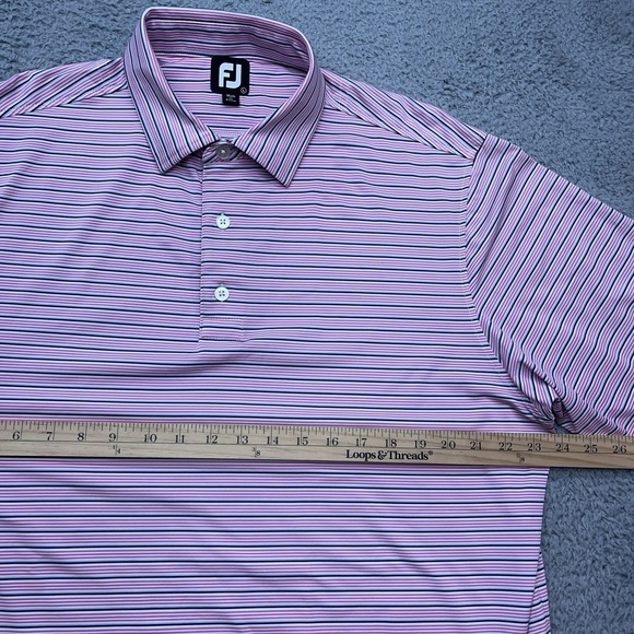 FootJoy Peformance Polo Mens Large Stretch Golf Shirt Pink w/ Blue Stripes - Picture 2 of 8